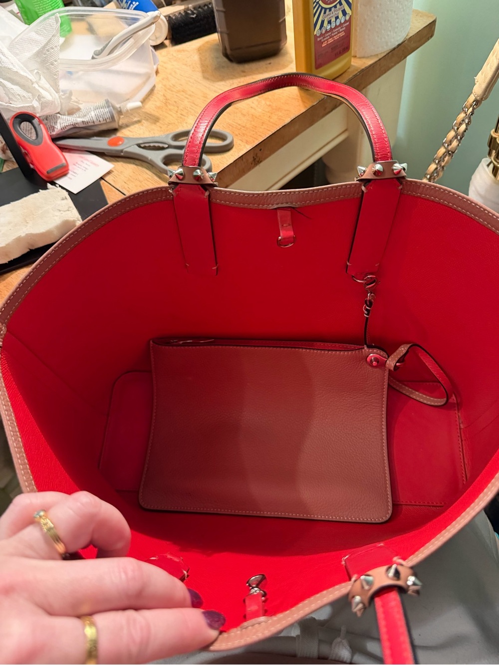 Christian Louboutin Brown Stud-Trim Leather Tote with Red Base - Picture 4 of 10